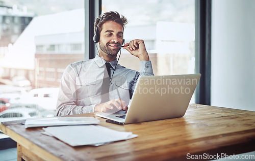 Image of Happy businessman, laptop and call center for consulting in customer service or financial advice at office. Friendly man person, consultant or agent talking on computer in online support at workplace