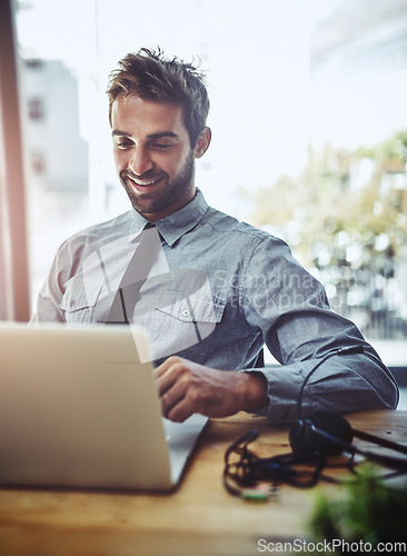 Image of Business man, crm and laptop writing of a insurance agent in a office with happiness. Company work, male employee and worker working and planning on a computer with call center and job email at desk