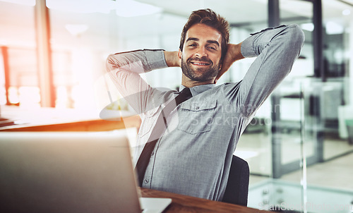 Image of Businessman, relax and portrait smile on break for stretching, positive mindset or completion at office. Happy man person or employee relaxing and smiling with hands behind head for mental health