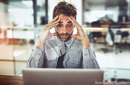 Image of Businessman, laptop and headache in stress, anxiety or burnout from debt at the office desk. Frustrated man person or employee with bad head pain or confused working on computer at the workplace