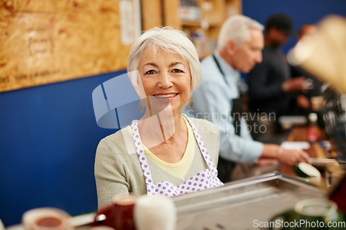 Image of Senior woman, portrait and coffee shop owner work for retirement in a store with a smile. Elderly female, barista and cafe for a small business as a startup for profit or pension in a restaurant