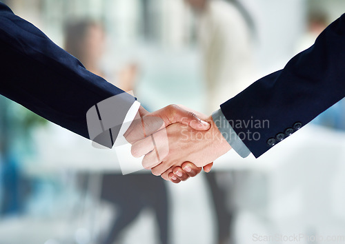 Image of Handshake, welcome and business people with thank you for hiring, interview and recruitment success. Deal, shaking hands and b2b men in partnership, collaboration and onboarding negotiation