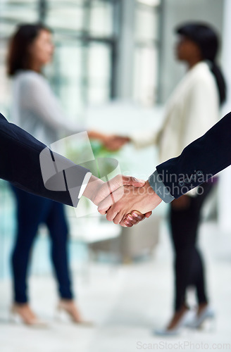 Image of Handshake, thank you and business people with welcome sign for hiring, interview and recruitment success. Deal, shaking hands and b2b men in partnership, collaboration and onboarding negotiation