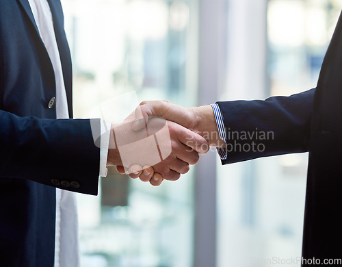 Image of Welcome, handshake and business people with thank you for hiring, interview and recruitment success. Deal, shaking hands and b2b men in partnership, collaboration and onboarding cooperation