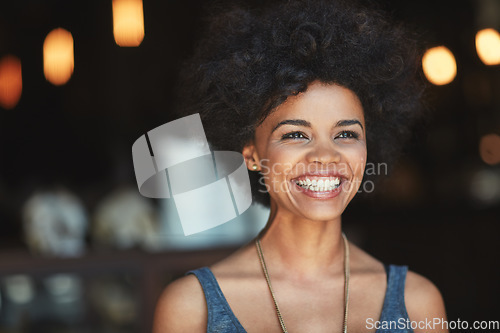 Image of Coffee shop face, smile and cafe woman, small business owner or manager happiness for store success. Commerce, retail restaurant and excited African person, entrepreneur or boss happy for service