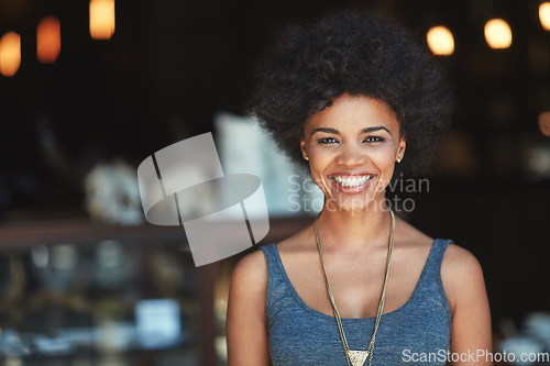 Image of Coffee shop portrait, smile or cafe woman, small business owner or manager happiness for store success. Entrepreneur, retail restaurant or excited person, African waitress or worker happy for service