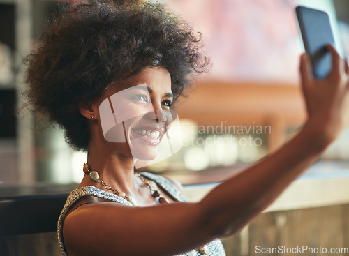 Image of Coffee shop cafe, face selfie and happy woman post memory photo to social media, online or store advertising app. Customer, retail service and African person in startup, small business or restaurant