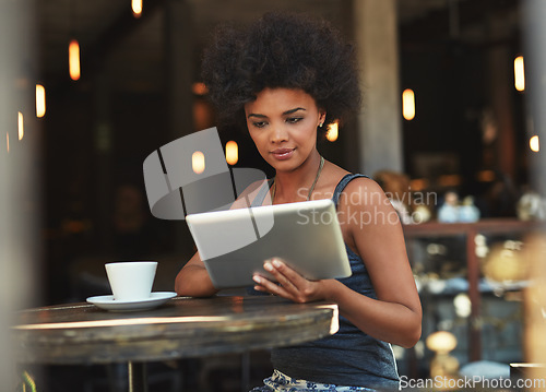 Image of Coffee shop, tablet or woman typing, scroll or focus on freelance blog, online retail review or cafe internet. Restaurant, service or small business client, customer or African person on social media