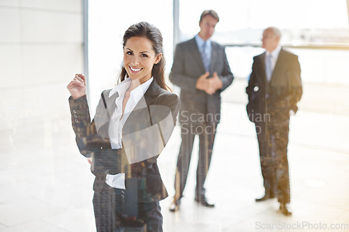 Image of Business woman, portrait and team management, leadership or employee engagement mindset in city overlay or glass reflection. Happy corporate people of career planning, office building and meeting