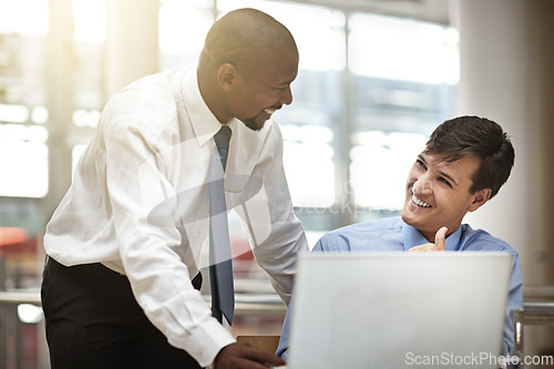 Image of Manager, help and employee with a laptop, planning or brainstorming with collaboration, teamwork or startup success at a workplace. Male consultants, staff or coworkers with technology or partnership