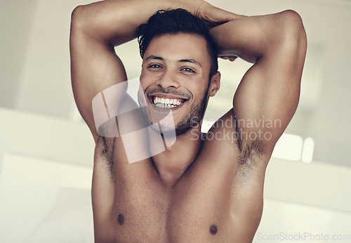 Image of Smile, portrait of topless young man and in bedroom of his house. Self care or proud face, confident or positive mindset and shirtless male model with muscle health or wellness at home in Brazil
