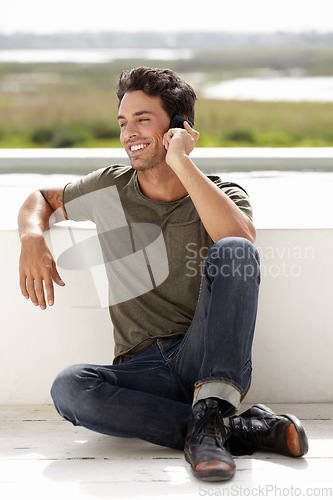 Image of Happy, phone call and man outdoor, relax or summer holiday with confidence, connection or communication. Male person, stylish or guy with a smartphone, Spain and conversation with happiness outside