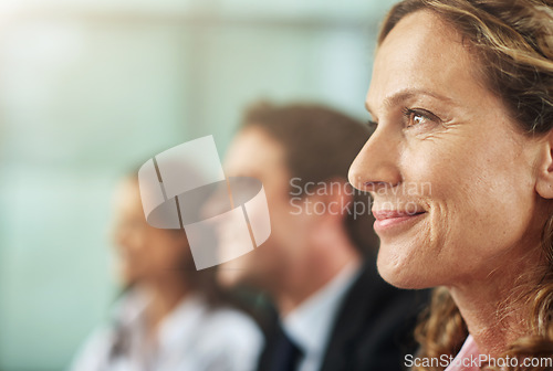 Image of Woman, face and audience at a seminar to listen to growth about achievement a conference to learn. Team, together and listening to training at the office for planning a startup with the manager.