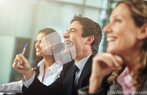 Image of Presentation, group and professional laugh at a conference with a crowd in a corporate company. Business, meeting and funny audience learning at a lecture during training session at a workshop.