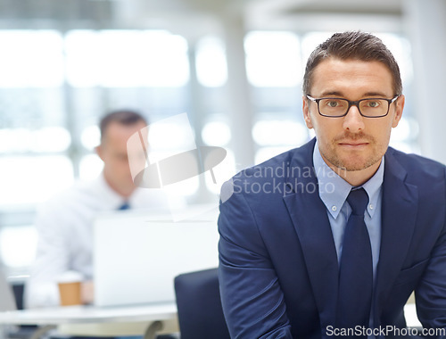 Image of Manager, office portrait and business man, leader or CEO work in trading, stock market or investment firm. Economy, crypto mining and team manager, male trader and face of finance broker sitting