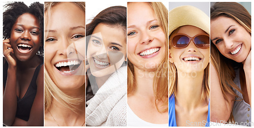 Image of Woman, collage and face, diversity with smile for international and different race. Portrait, global female and banner with skincare for natural beauty are together with happiness around the world.