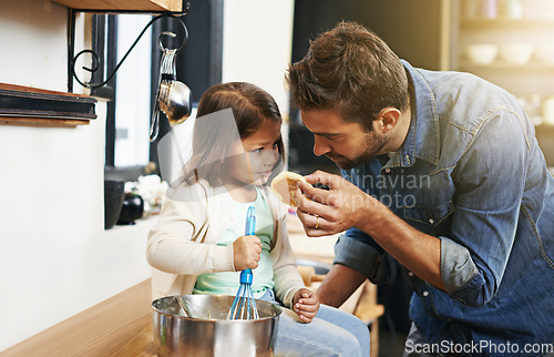 Image of Cooking, learning and father with daughter in kitchen for pancakes, bonding and breakfast. Food, morning and helping with man and young girl in family home for baking, support and teaching nutrition