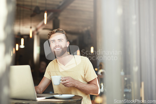 Image of Coffee shop laptop, happy and man think of freelance blog inspiration, online retail review or cafe idea. Thinking, remote work and small business owner, customer or person smile for store plan