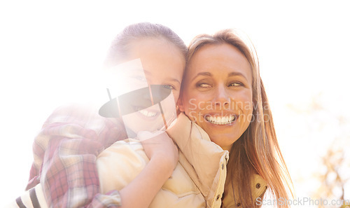 Image of Portrait, love and piggyback by girl and mother outdoors for bonding, free and having fun in nature. Happy, face and child with parent in a park, hug and sharing cute family moment while walking