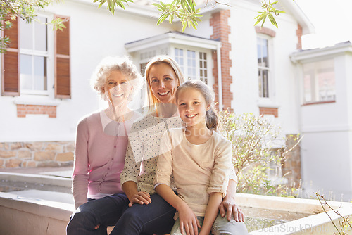 Image of Child, outdoor portrait and happy family grandma, generations and bonding care for mom, kid and grandmother. Smile, support and Mothers Day smile for young girl, mama and elderly woman in home yard