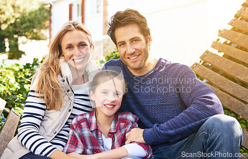 Image of Garden hammock, relax portrait and happy family love, child and parents bonding, support and spending quality time together. Backyard, smile and Italy mother, father and kid enjoy spring sunshine