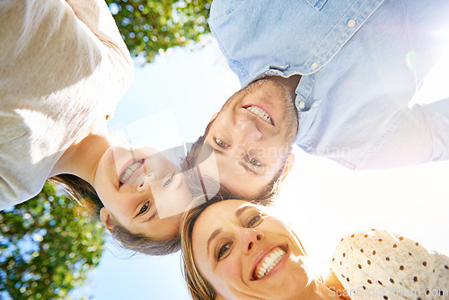 Image of Happy portrait, outdoor circle and family child, mother and father support, bonding and enjoy outdoor quality time together. Love, sky and below view of mama, papa and kid smile for nature sunshine