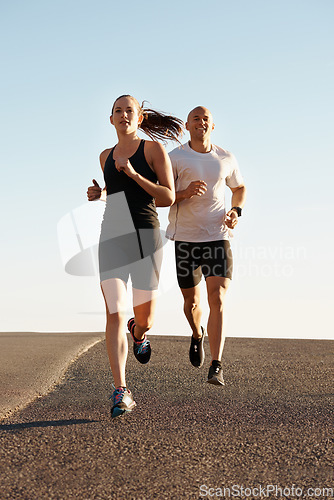 Image of Morning, marathon and coach training woman as workout, run or morning exercise for health and wellness together. Sport, fitness and man runner running with athlete in a city for sports or energy