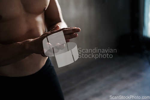 Image of Training, gym motivation hands of man ready for mockup performance challenge, athlete commitment or bodybuilding. Fitness mock up, health mindset and determined person prepare for exercise workout