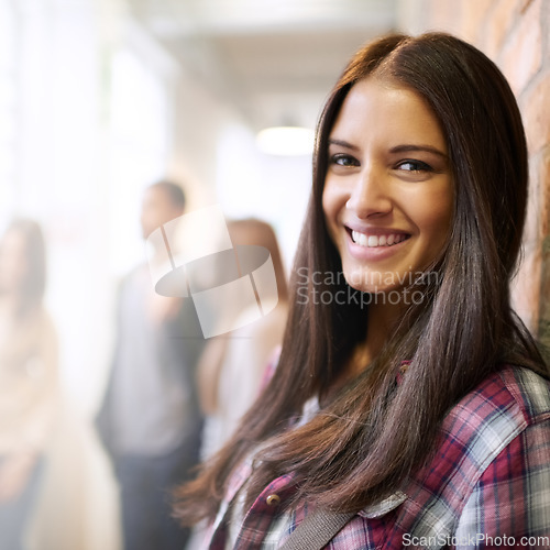 Image of University, education and portrait of woman on campus ready for studying, class and learning. Scholarship, happiness and face of female student in hallway with friends for school, academy and campus