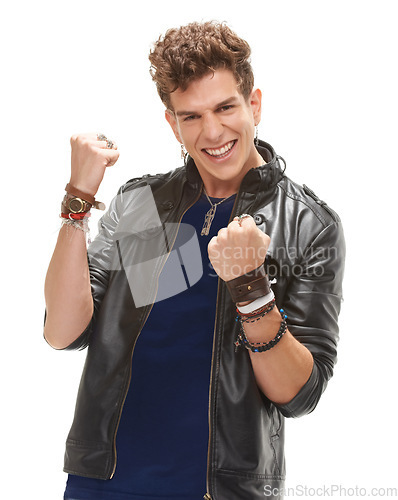 Image of Young man, portrait and fist celebration in portrait for fashion, punk aesthetic and happy by white background. Isolated guy, model and excited with retro leather clothes, goal or winning by backdrop