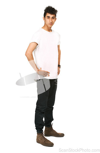 Image of Fashion, confidence and portrait of man in studio with attitude, confident and pride on white background. Mockup, model and face of isolated young male person in trendy casual clothes in Lebanon