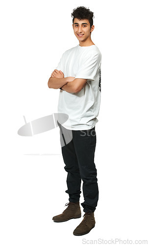 Image of Fashion, happy and portrait of man in studio with crossed arms, confidence and pride on white background. Smile, confident model and isolated young male person in trendy casual clothes in Palestine