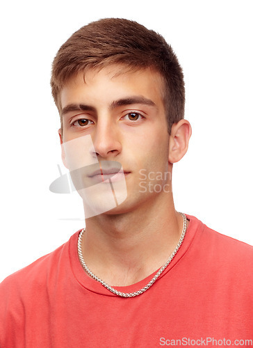 Image of Fashion, face and portrait of man in studio with confidence, attractive and pride on white background. Style, confident and isolated handsome, serious and young male person with trendy casual clothes