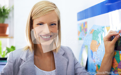 Image of Map pin, travel agency portrait and happy woman working on vacation ideas, holiday location or planning world tour. Tourism industry, recommendation and office person smile for route journey plan