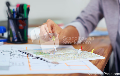 Image of Travel agency, map pin and woman hands planning sightseeing destination, holiday location or transport route. Vacation, office agent or closeup person with world, global or international tourism plan