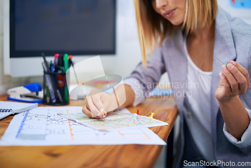 Image of Travel agent, map pin and woman hands planning sightseeing destination, tour location or route transport. Office strategy, agency and business person with world, global or international tourism plan