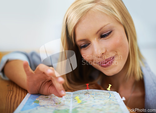 Image of Travel agency, map pin and face of happy woman, consultant or employee planning holiday location. Tourism agent, trip service and person smile for transportation route plan, guide or vacation choice