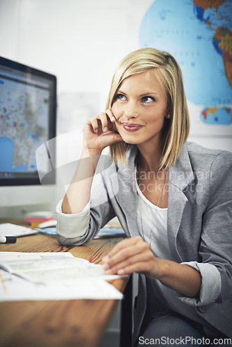 Image of Travel map, agent and business woman thinking, brainstorming or planning sightseeing destination journey. Office ideas, agency and professional person problem solving holiday, vacation or tour plan