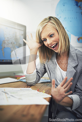 Image of Travel agent, map or business woman excited for holiday success plan, tour strategy or destination location. Funny, wow achievement or professional person happy for vacation planning, agency or guide