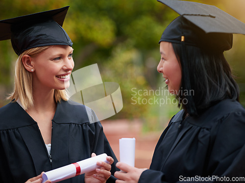 Image of Graduation, girl friends and study diploma of students with happy communication outdoor. Mockup, female student and campus graduate with happiness and college achievement with diversity and toga