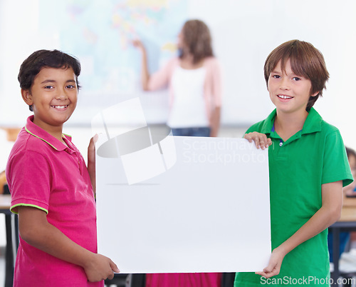 Image of Poster mockup, portrait and children in classroom for geography knowledge, map education and advertising space. Happy diversity kids, mock up paper or board in learning, teaching and map presentation