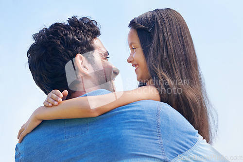 Image of Hug, blue sky and happy family affection of father, child or people smile for outdoor sunshine, love and quality time together. Youth girl, embrace and young child bonding with dad, papa or man