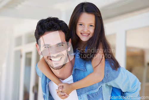 Image of Hug, piggyback and portrait of happy kid, father or family smile for home fun, happiness and enjoy time together. Youth girl, daughter and child bonding, ride and playing with dad on house patio