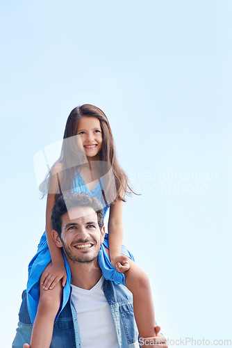 Image of Blue sky, piggyback and happy family father, child or people looking at mockup space, future or outdoor view. Shoulder ride, summer sunshine and relax kid bonding with dad on travel, vacation or walk