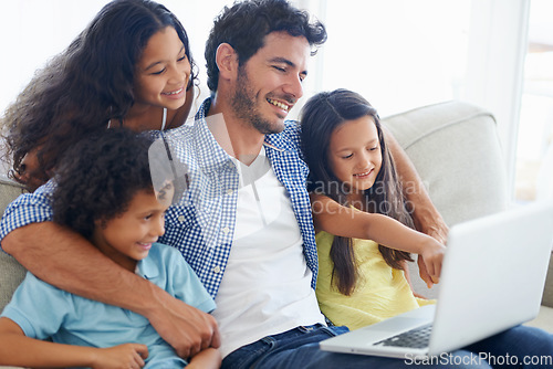 Image of Laptop pointing, hug and dad and children gesture at social media video, online website or kid friendly movies. Together, bonding and happy family kids with father streaming home broadcast film on pc