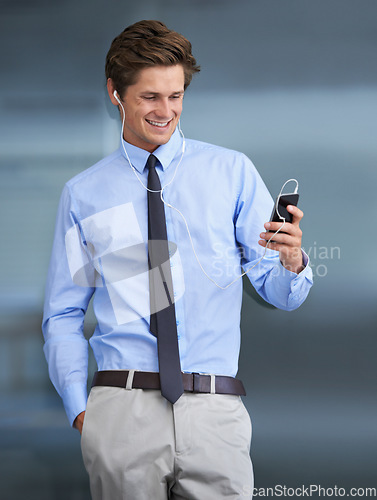 Image of Phone, music and happy business man listen to corporate podcast, radio song or streaming mp3 sound. Happiness, wellness and relax person, consultant or agent listening to headphone audio