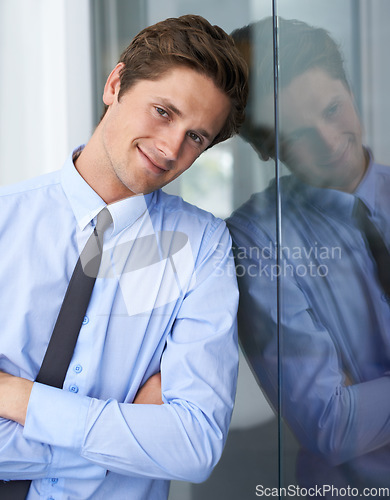 Image of Arms crossed, happy and portrait of business man, professional consultant or agent smile for career, job or corporate. Leaning on wall, confident lawyer and person with pride in law firm company