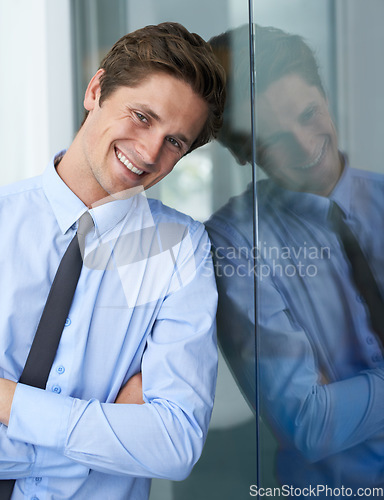 Image of Smile, crossed arms and portrait of business man, professional consultant or agent happy for corporate career success. Legal company, confident lawyer and relax person leaning on wall