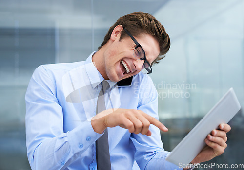 Image of Phone call, tablet and laughing business man reading funny meme, corporate joke or news article story. Cellphone communication, pointing and talking person laugh at online web info, media or email