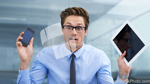 Image of Phone, tablet or business portrait of man with technology for research, communication or UI work. Emoji facial expression, confused and crazy person, professional consultant or agent with tech screen